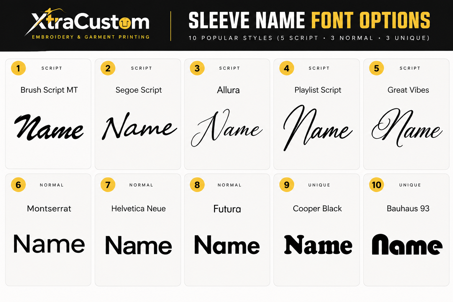 Sleeve name font samples, styles 1 through 10