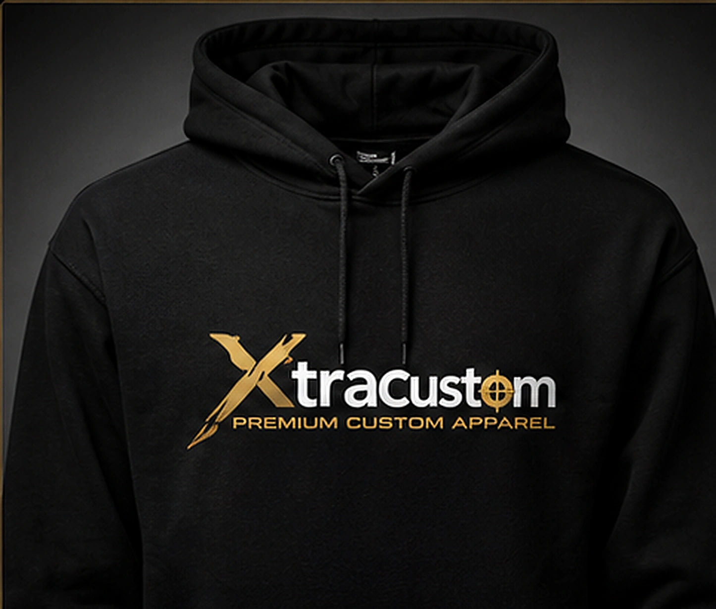 XtraCustom premium black custom hoodie with gold and white branding